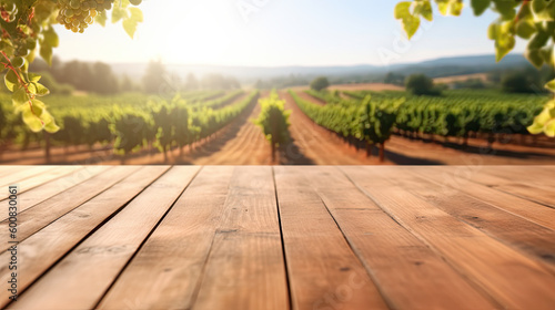 Wooden floor with blurred french vineyard background. Generative AI