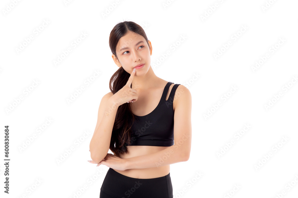 Portrait of beautiful young asian woman in sportwear smile and thinking isolated on white background, sport and exercise for health and weightloss, female and slimming with confident and wellness. Portrait of beautiful young asian woman in sportwear smile and thinking isolated on white background, sport and exercise for health and weightloss, female and slimming with confident and wellness.