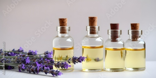 Bottle with essential oil and flower in background