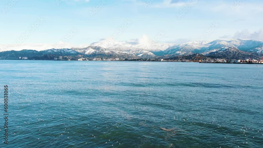 Drone flight over the sea against the backdrop of snowy mountains at sunset, many seagulls float on the waves Drone flight over the sea against the backdrop of snowy mountains at sunset, many seagulls float on the waves
