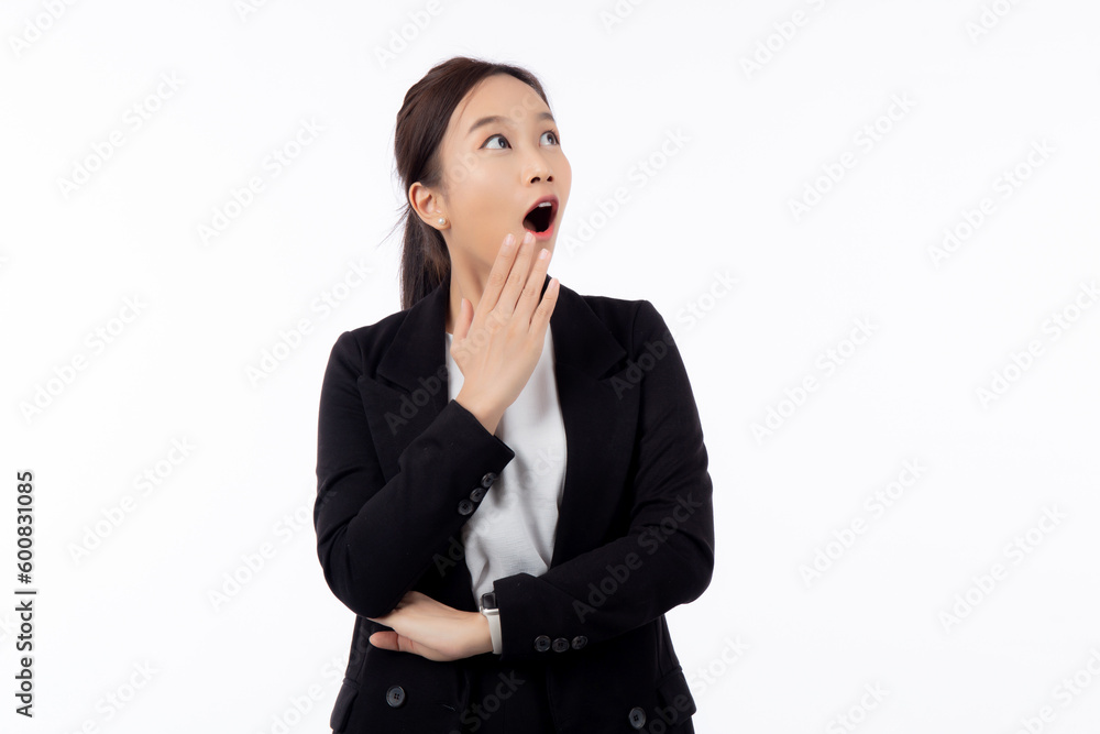 Beautiful happy young asian businesswoman in suit surprise excited with satisfied with success and amazed isolated on white background, happiness business woman shock with emotion and expression. Beautiful happy young asian businesswoman in suit surprise excited with satisfied with success and amazed isolated on white background, happiness business woman shock with emotion and expression.