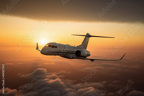 Private jet view during flight on air with orange sky at sunset