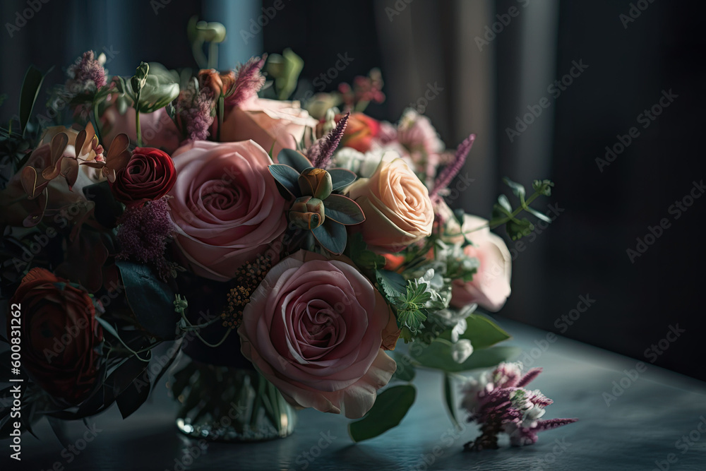Obraz premium Rich bunch of peonies, eustoma, roses flowers, green leaf. Fresh bouquet closeup. Generative AI