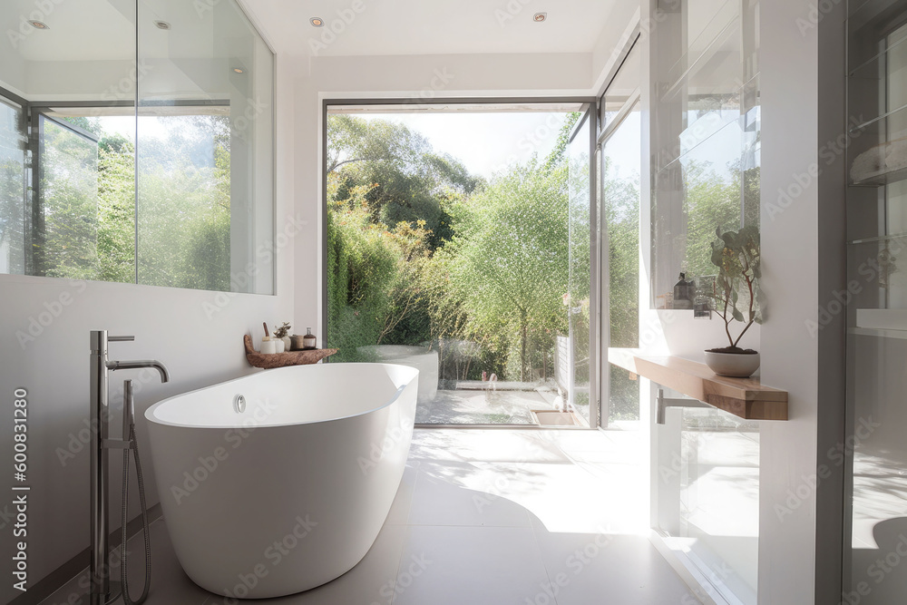 Modern bathroom with big windows and an oval tub. Generative AI Modern bathroom with big windows and an oval tub. Generative AI