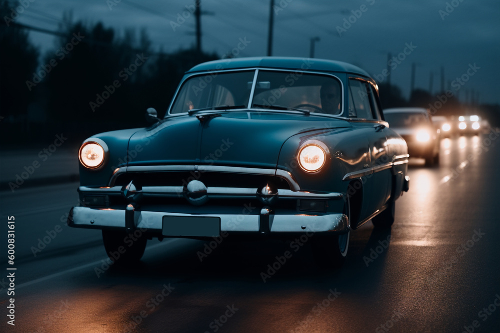 Cobalt blue Vintage car on road headlamps open