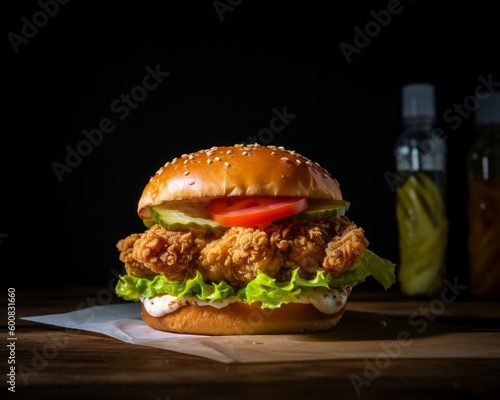 fried chicken sandwich with lettuce, tomato, and pickles on a sesame bun