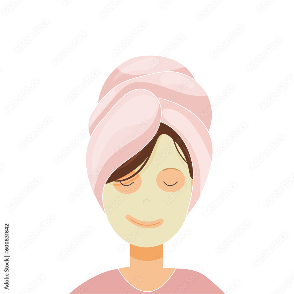 Woman with care mask on the face. Nurturing Self. Beauty, Cosmetics, and the Art of Self Care in Flat Vector Illustration. Woman with care mask on the face. Nurturing Self. Beauty, Cosmetics, and the Art of Self Care in Flat Vector Illustration.