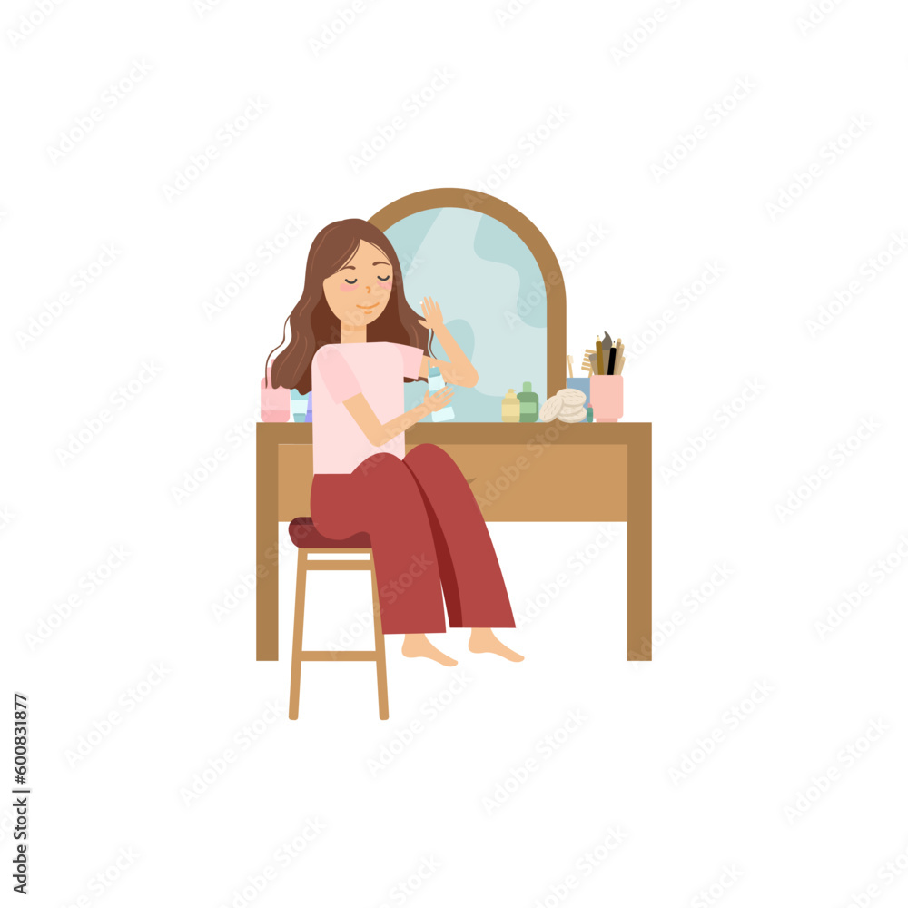 Nurturing Self. Beauty, Cosmetics, and the Art of Self Care in Flat Vector Illustration. Nurturing Self. Beauty, Cosmetics, and the Art of Self Care in Flat Vector Illustration.