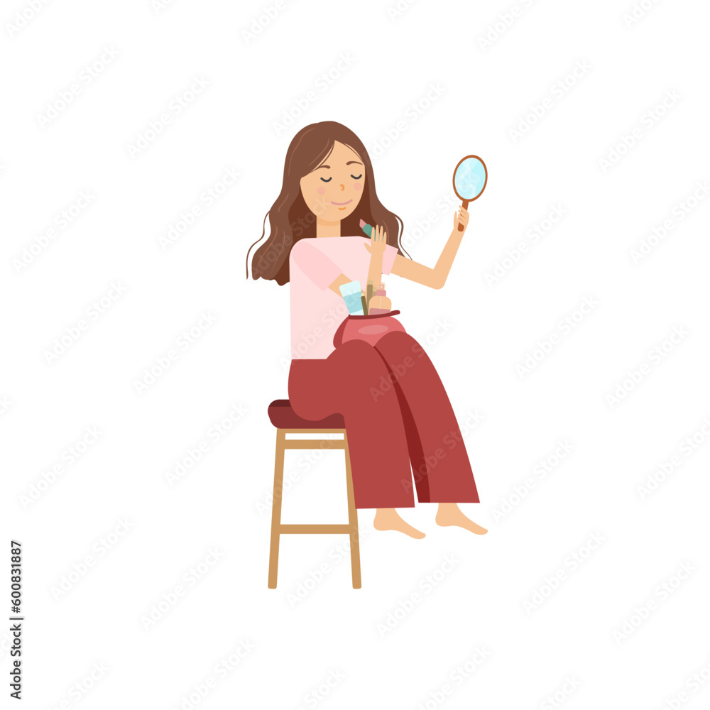 Woman paints lips. Nurturing Self. Beauty, Cosmetics, and the Art of Self Care in Flat Vector Illustration. Woman paints lips. Nurturing Self. Beauty, Cosmetics, and the Art of Self Care in Flat Vector Illustration.