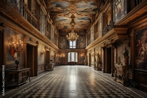 Grand hall was adorned with tapestries and suits of armor. A testament to the wealth and power of the castle's inhabitants. Generative AI © Kanisorn