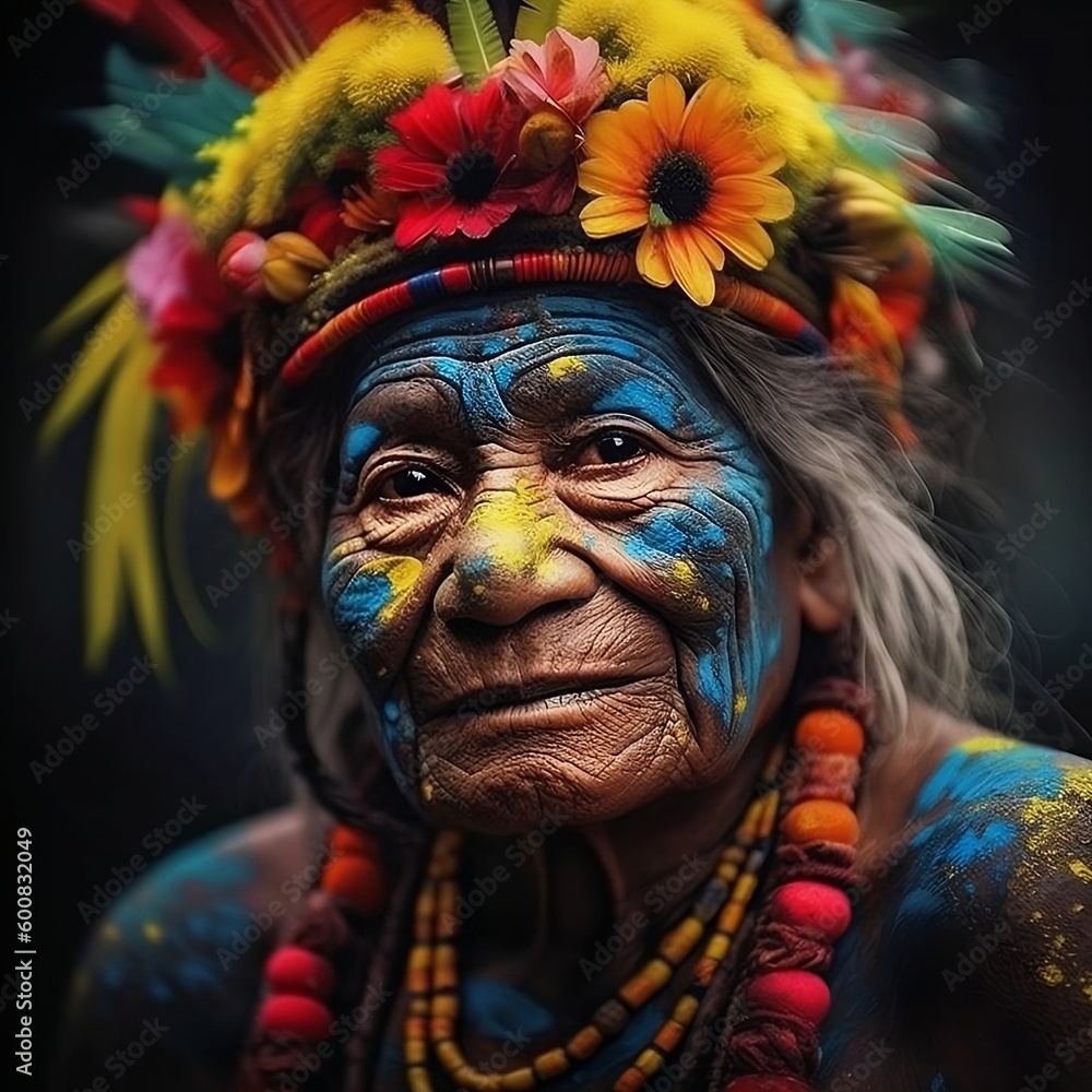 Anciana indígena brasileña con rostro pintado y coronada de flores