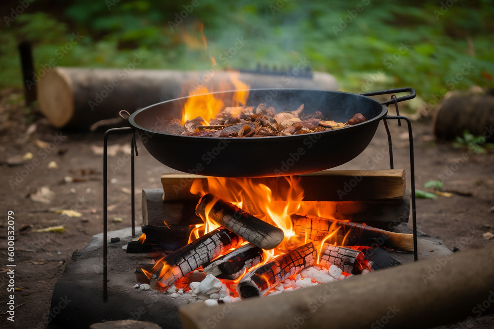 outdoor cooking at campfire for food on fire backyard grill, Generative AI outdoor cooking at campfire for food on fire backyard grill, Generative AI