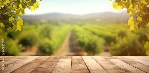 Wooden floor with blurred french vineyard background. Generative AI