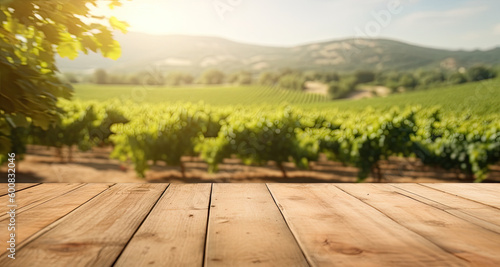Wooden floor with blurred french vineyard background. Generative AI © Farnaces