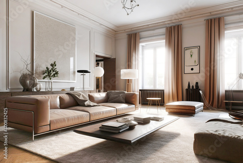 Elegant interior design of modern living room with brown leather sofa. Created with generative AI