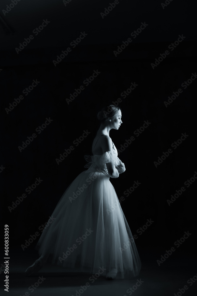 Professional ballerina dancing ballet.Professional ballerina dancing ballet.Ballerina in a white dress and pointe shoes. Dark background. Black and white