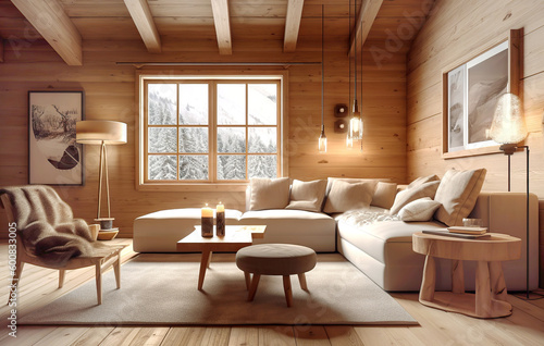 Wooden lining in chalet. Interior design of modern living room. Created with generative AI