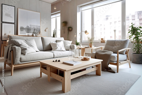Gray sofa and armchair near wooden coffee table in cozy apartment. Interior design of modern scandinavian living room. Created with generative AI © Vadim Andrushchenko
