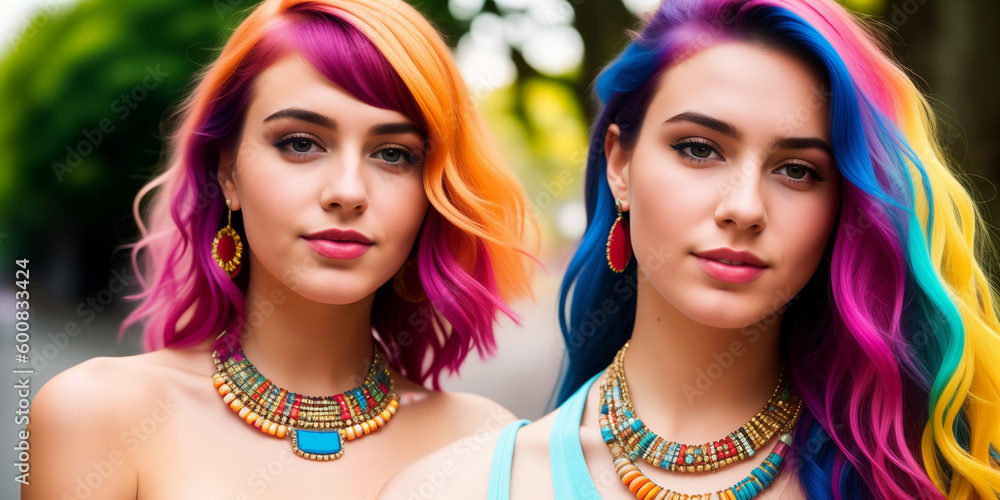 Obraz premium Young cute beautiful girl close-up with bright wavy or curly rainbow multicolored hair and necklace on color background. Generative AI.