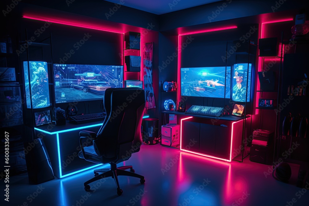 Modern gamer room with neon lights, created with AI, AI, generative AI Modern gamer room with neon lights, created with AI, AI, generative AI