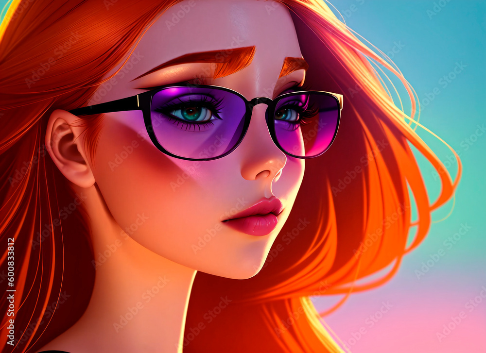 Beautiful girl with red hair and sunglasses. Generative AI