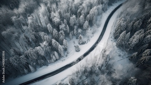 Aerial view on the road and forest at the winter time. Natural winter landscape from air. Forest under snow a the winter time. Generative Ai. © Kowit
