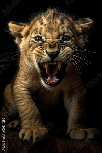 Young ferocious lion cub roaring on black background. Generative AI. 
