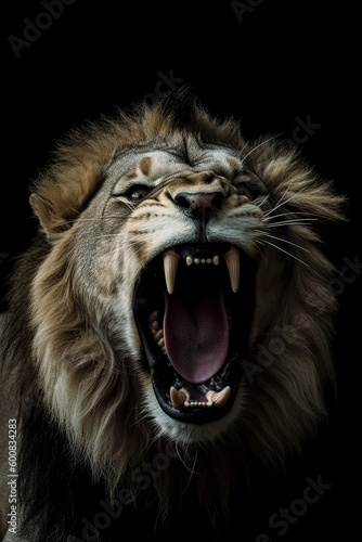 A lion is roaring in full force with his mouth opened. Generative Ai. 