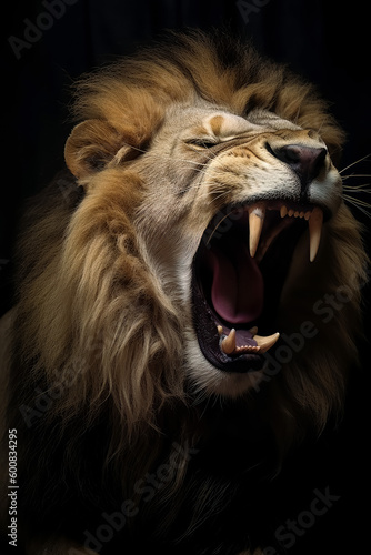 A lion is roaring in full force with his mouth opened. Generative Ai. 