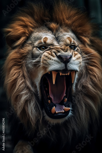 A lion is roaring in full force with his mouth opened. Generative Ai.  