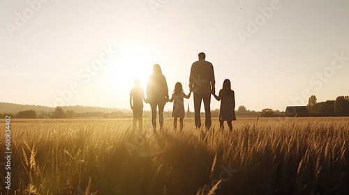 family looking for the cross on autumn sunrise background ,concept : worship and hope ,mother father and child daughter on nature, ,Silhouette of the family holding hands enjoying ,Generative AI 