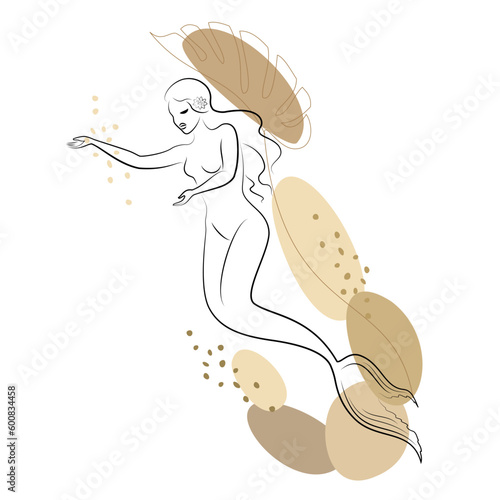 Mermaid silhouette. A beautiful girl swims in the water. Next to the leaves of the plant. Fantastic image of a fairy tale. Vector illustration.