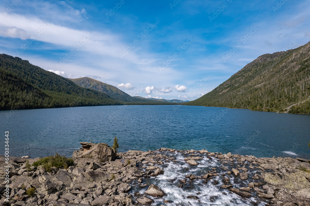 Aerial summer Landscape beautiful Multinskoye lake in mountains Altai, top view