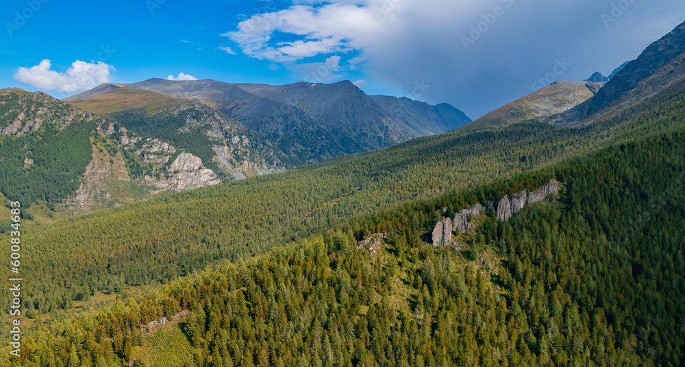 Aerial top view Summer Landscape beautiful Multinskoye lake mountains Altai Aerial top view Summer Landscape beautiful Multinskoye lake mountains Altai