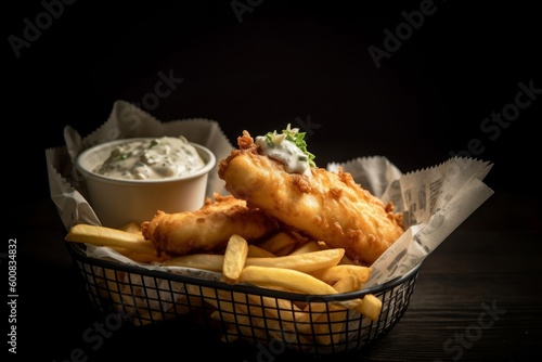 fish and chips basket with a side of tartar sauce and french fries