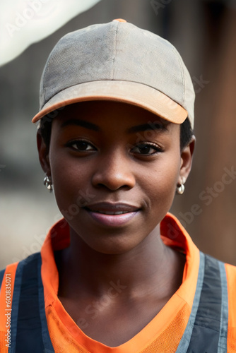Portrait of the young attractive african american woman factory worker. Generative AI © mikhailberkut