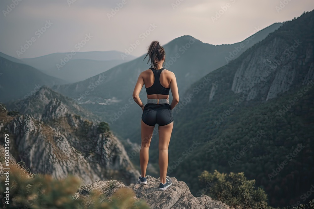 Obraz premium view from behind fitness girl standing on top of the mountain. woman in sportswear standing on the mountain. Generative Ai.
