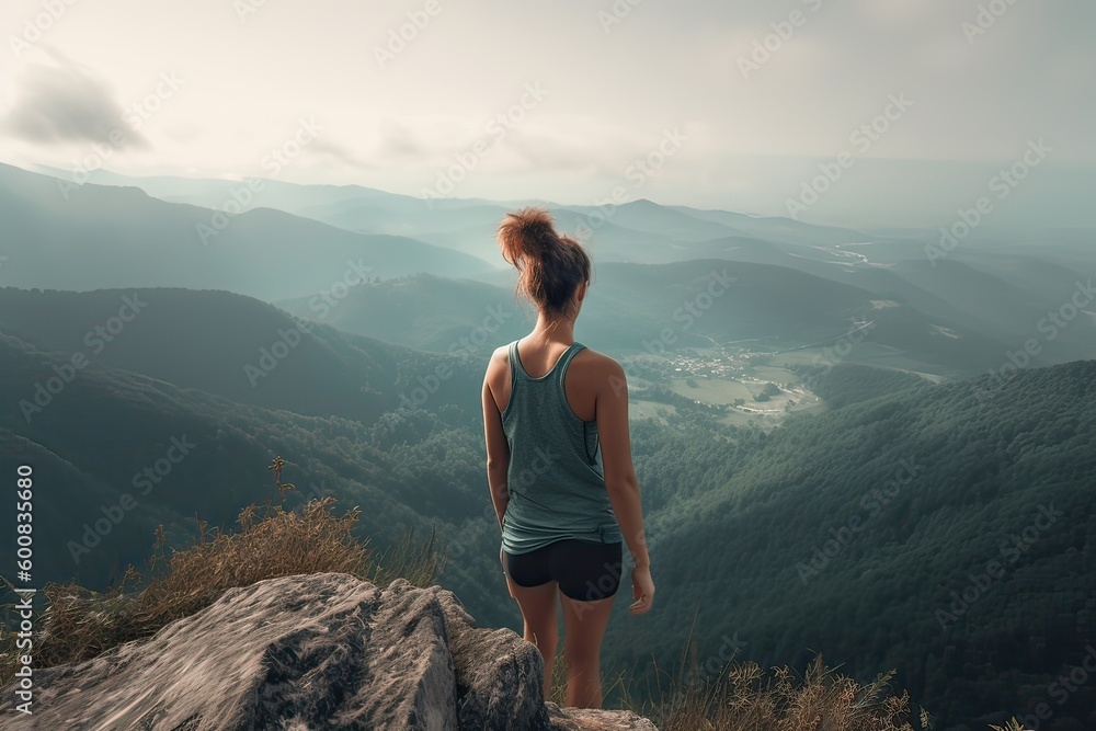 Naklejka premium view from behind fitness girl standing on top of the mountain. woman in sportswear standing on the mountain. Generative Ai.