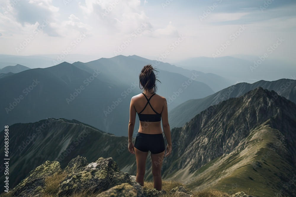 Obraz premium view from behind fitness girl standing on top of the mountain. woman in sportswear standing on the mountain. Generative Ai.