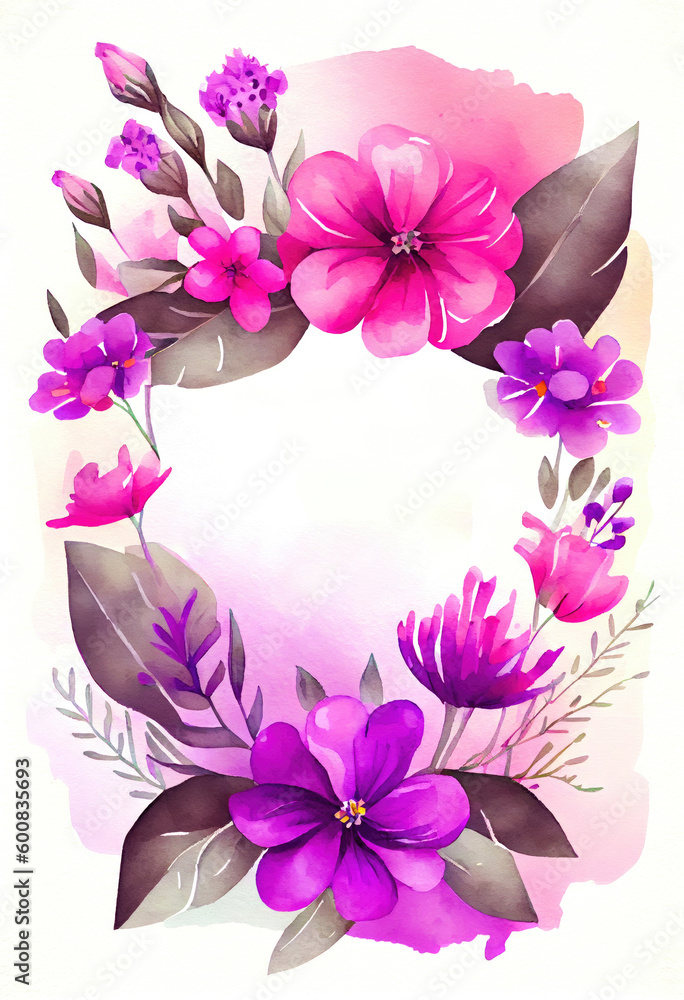 Abstract watercolor pink flowers wreath, greeting floral ornament, template card, painting background. Generative AI.