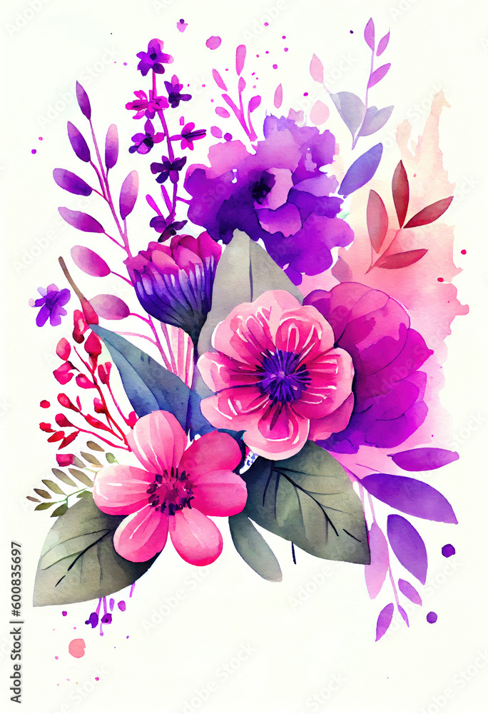 Abstract watercolor pink flowers bouquet, greeting floral ornament, template card, painting background. Generative AI.