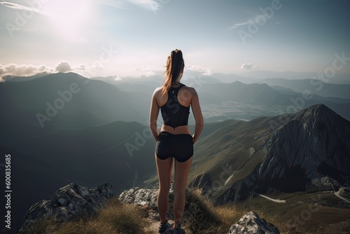view from behind fitness girl standing on top of the mountain. woman in sportswear standing on the mountain. Generative Ai.