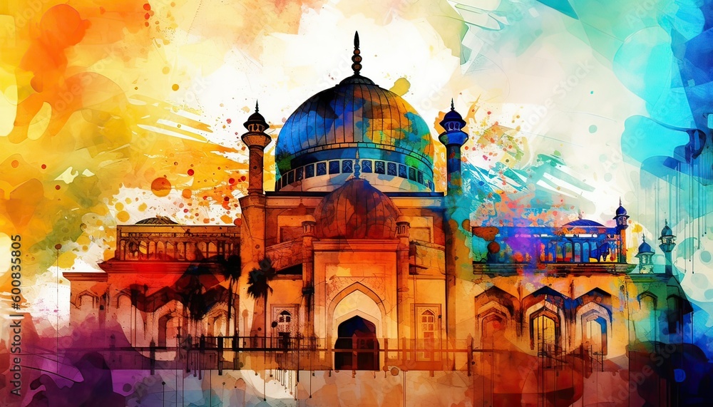 Obraz premium water color painting Arabic Islamic Typography design Mawlid al-Nabawai al-Sharif greeting card with dome and minaret of the Prophet's Mosque. Generative Ai