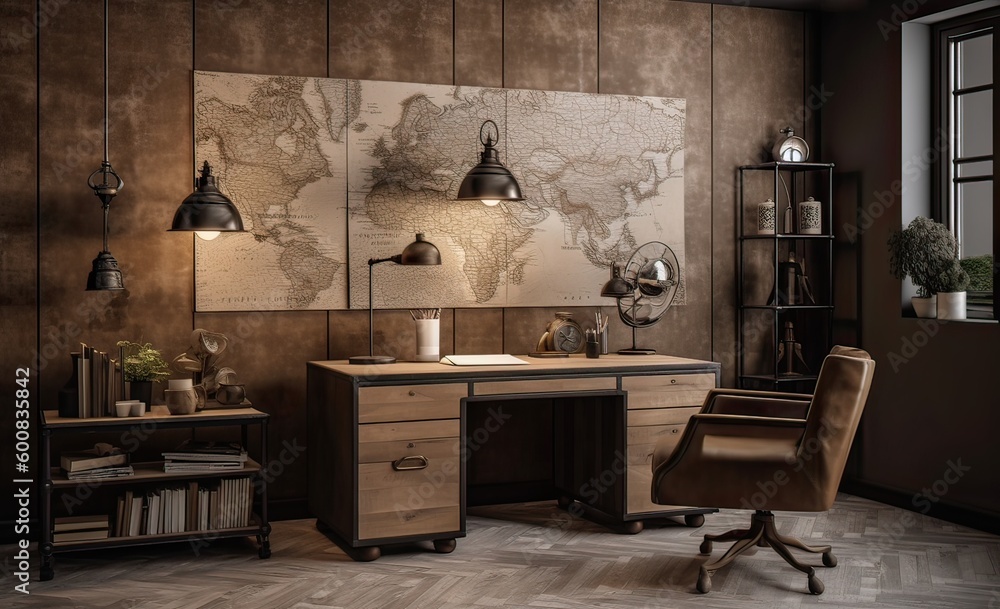 Fototapeta premium Modern office Interior with old vintage brick Wall. Art work business space. Generative Ai.