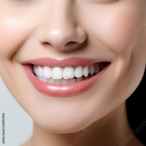 Close up cropped half face portrait of attractive  nude  natural  perfect  ideal girl with healthy white teeth isolated on beige background  perfection  wellness  wellbeing. Generative Ai.