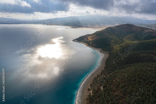 Blue turquoise water Salda lake Turkey, aerial view landscape