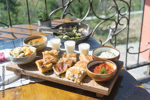 The most traditional food in Albania, spinach pie, cottage cheese, milk