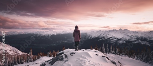 Tourist with Fantastic snow mountains landscape banner background. Colorful pink and blue clouds overcast sky. Generative Ai.