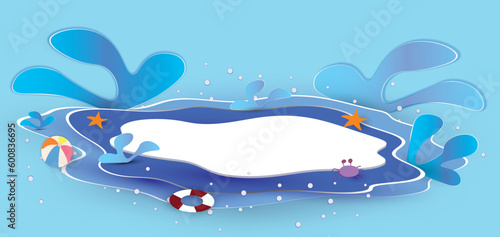 Stage podium for Summer decorated with beach equipment, seaweed, sea life corals in the ocean and water splash. Summer sea mockup template. Product banner, paper cut and craft style.