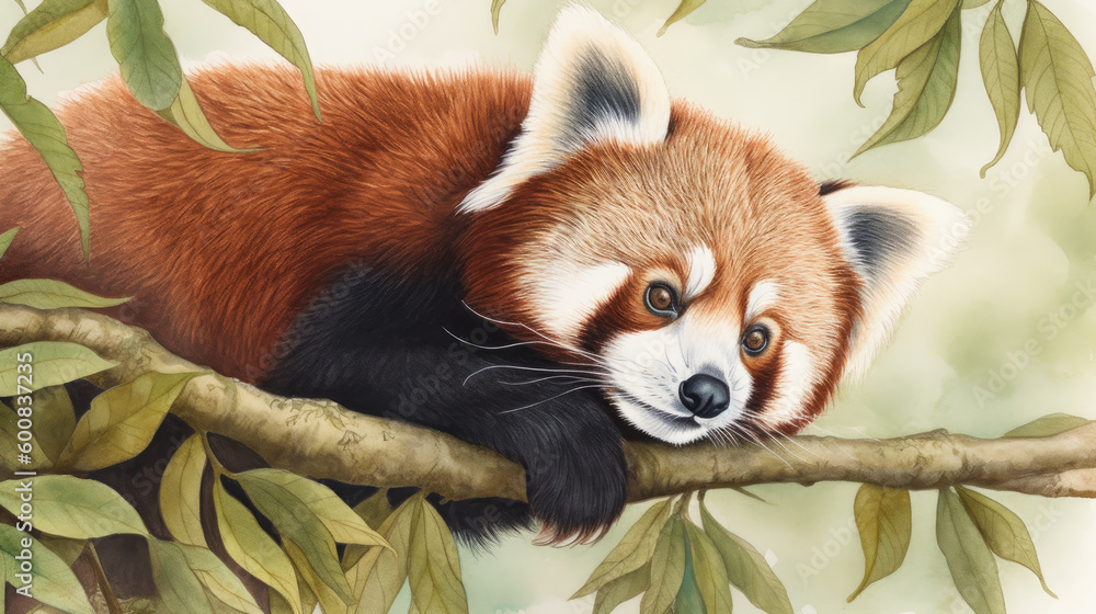 Obraz premium Watercolor pencil illustration of a red panda sitting in a tree and curiously looking away. Fluffy animal for postcard design. Generative AI